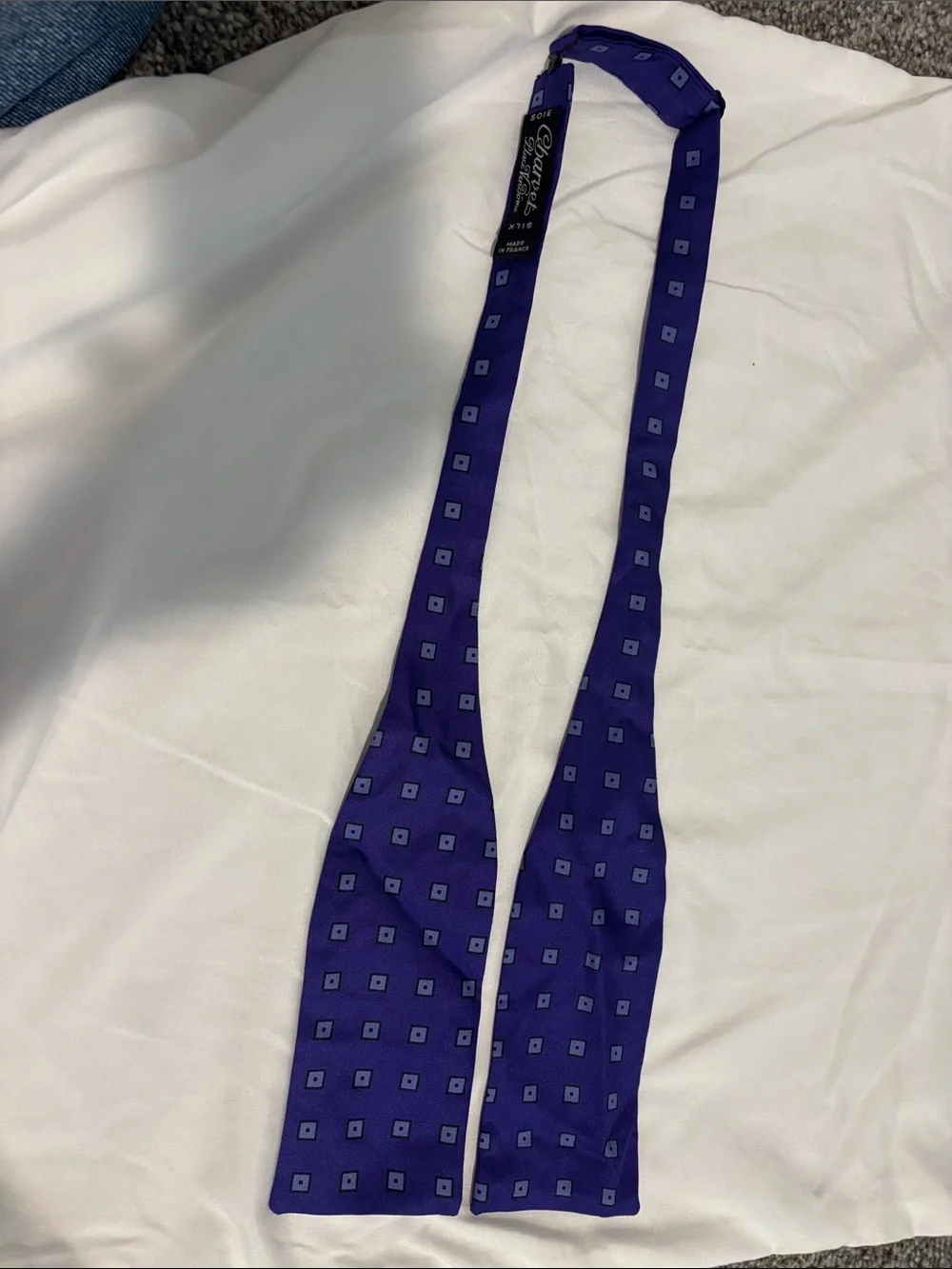 Charvet Purple Silk Self-Tie Bow Tie with Light Blue Square Motif